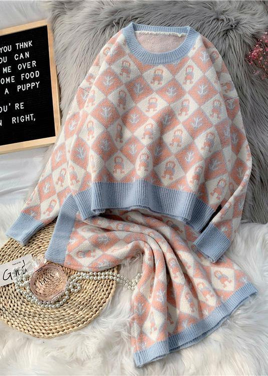 2025年 秋冬 新作 ファッション セットアップ カートゥーン柄 ニットセーター × ハーフスカート ラウンドネック セーター 2点セット(上下セット)