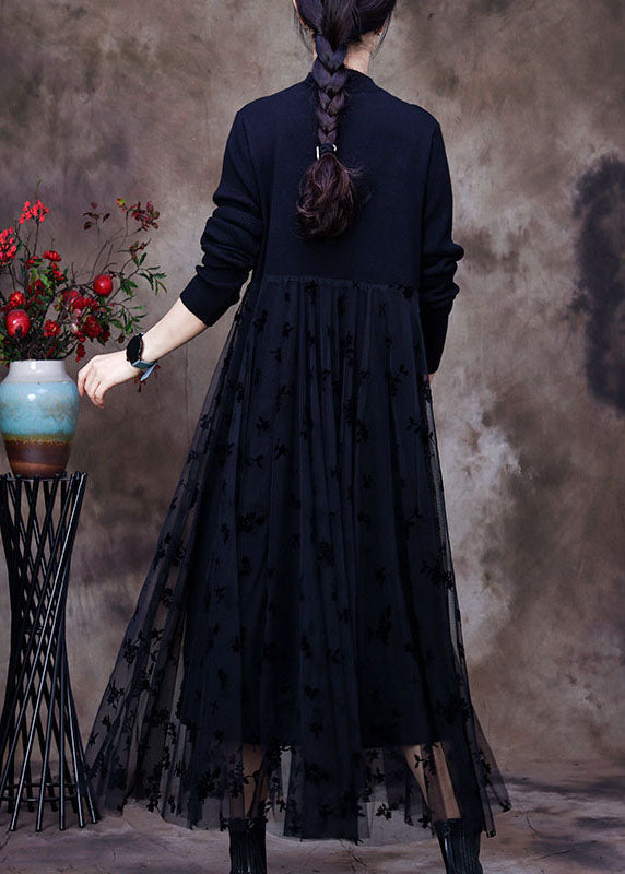 レディース ブラック スリムフィット Oネック レース パッチワーク ニットワンピース 春用(リゾート/旅行)