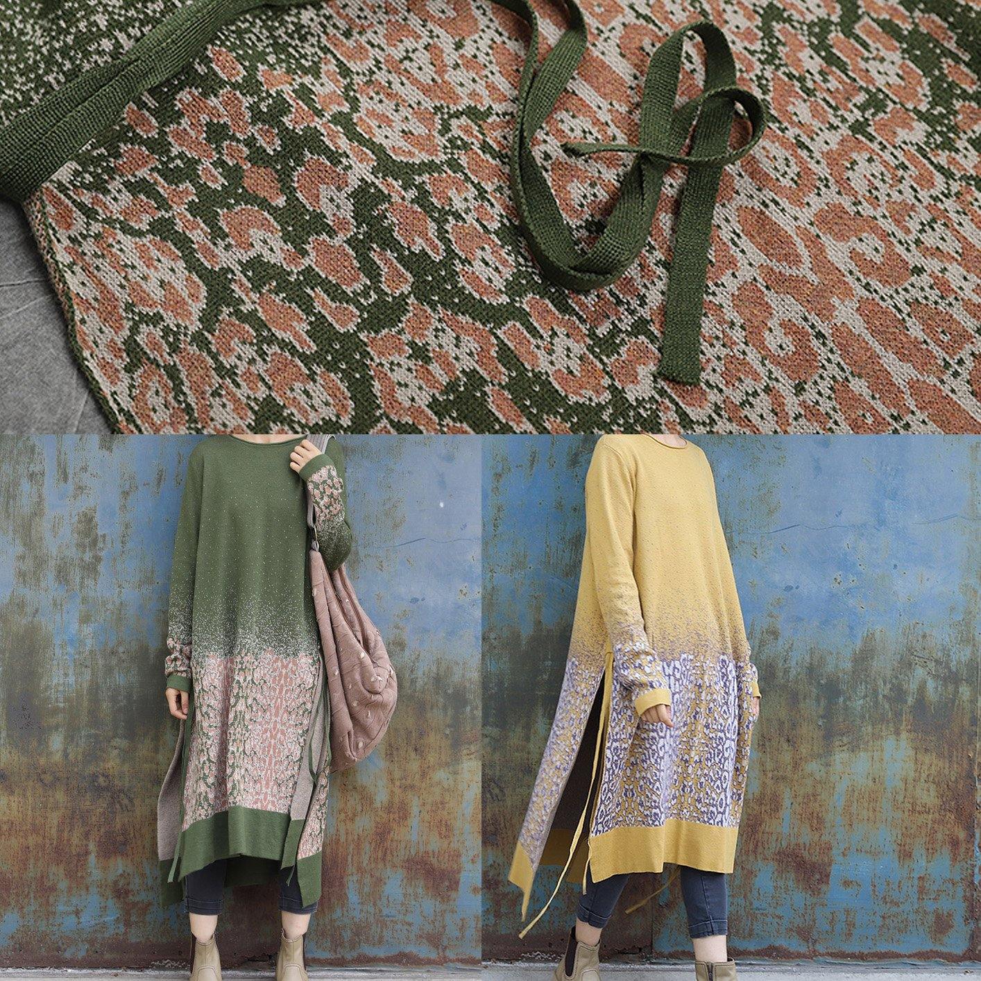 レディース 仕事用 サイドオープン(スリット) ニットワンピース Oネック 上品 イエロー ジャカード ヒップスター風 セーターワンピース