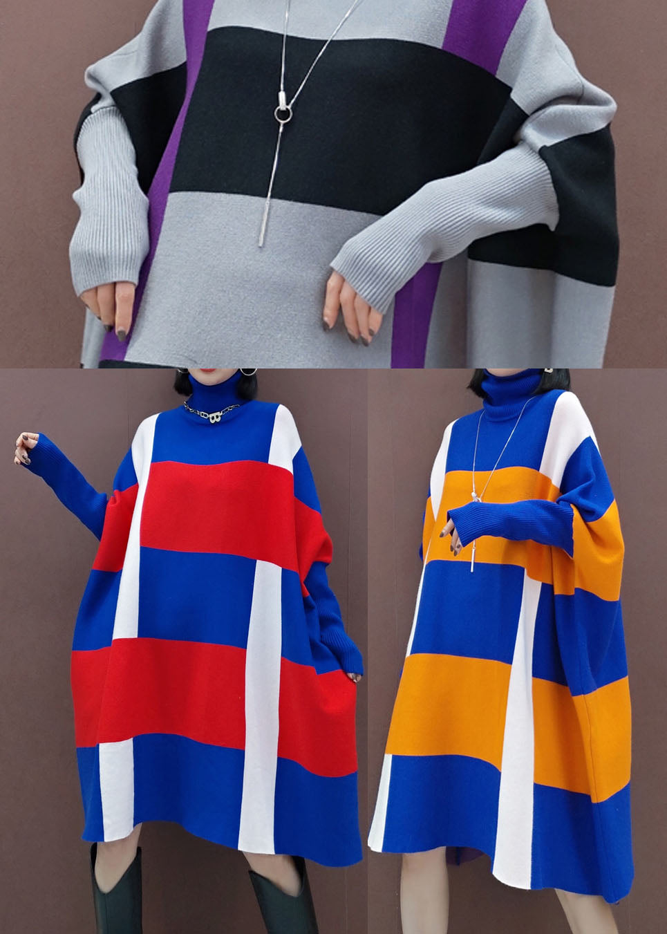 ゆったり グレー×ブラック ボーダー柄 ニットワンピース 長袖