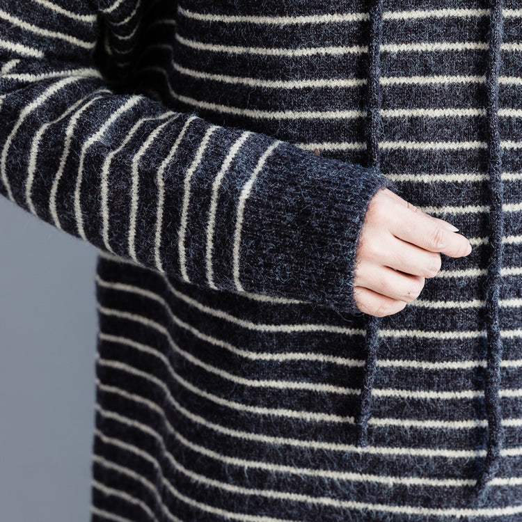 ヴィンテージ ニットトップス モーダ風 フード付き グレー ボーダー レディース ニットワンピース