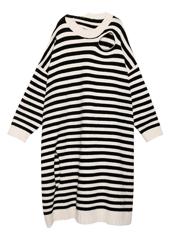 レディース ベージュ ボーダー柄 セーターワンピース デザイン Oネック 穴あき(ダメージ/透かし)DIY風 ニットワンピ