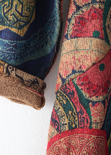 ヴィンテージ風 ブルー×レッド プリント セーターワンピース プラスサイズ レディース カジュアル Oネック 冬ワンピース