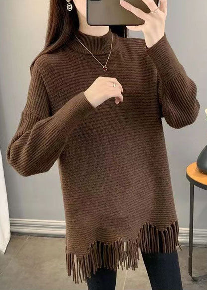 アート系 チョコレートカラー タッセル付き アシンメトリーデザイン ゆったり 秋 ニットワンピース