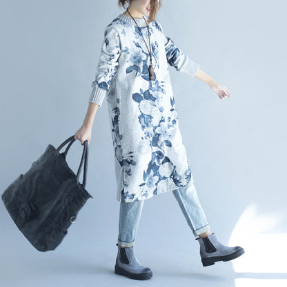 2025年 秋冬 グレー プリント ウール混 ニットワンピース 大きいサイズ フィット感 サイドスリット