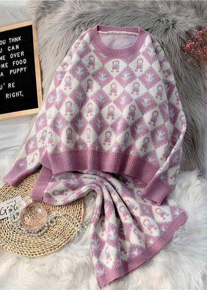 2025年 秋冬 新作 ファッション セットアップ カートゥーン柄 ニットセーター × ハーフスカート ラウンドネック セーター 2点セット（上下セット）