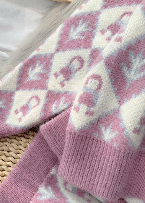 2025年 秋冬 新作 ファッション セットアップ カートゥーン柄 ニットセーター × ハーフスカート ラウンドネック セーター 2点セット（上下セット）