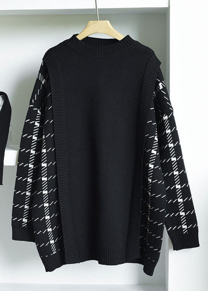 ブラック 厚手 パッチワーク ニットワンピース 冬用