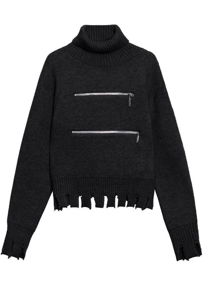 シック ブラック ジッパー付き タッセル付き ファッション 秋 セーター