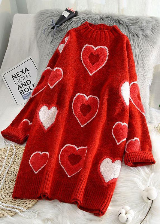 チャンキー レッド ニットワンピース ロング丈 Oネック オーバーサイズ 厚手 ニットウェア