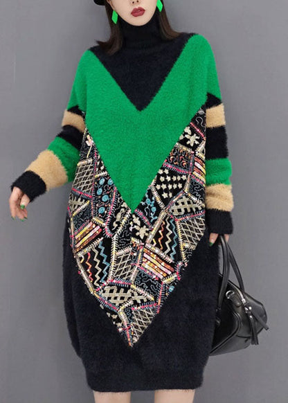 上品 ブラック タートルネック プリント 厚手 ミンクベルベット ワンピース 春