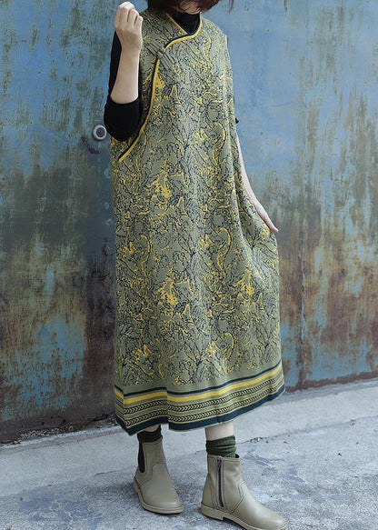コージー イエローグリーン ワンピース 季節対応 チャイニーズボタン アートデザイン ノースリーブドレス