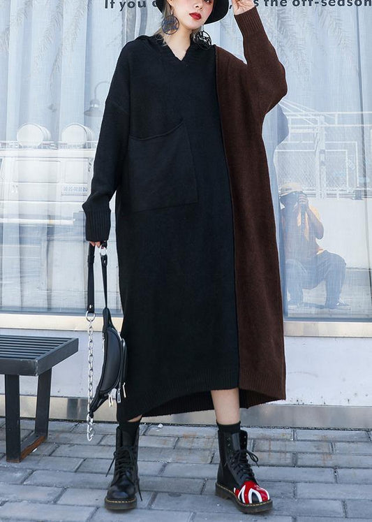 可愛い ブラウン パッチワーク セーター（ニット） レディース フード付き 冬用 ニットトップス