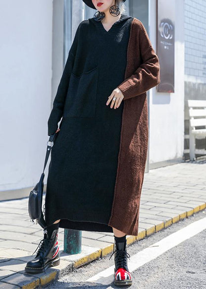 可愛い ブラウン パッチワーク セーター（ニット） レディース フード付き 冬用 ニットトップス