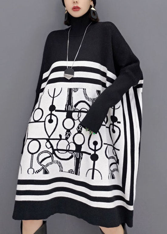 DIY風 ホワイト タートルネック プリント柄 ニットロングワンピース 春