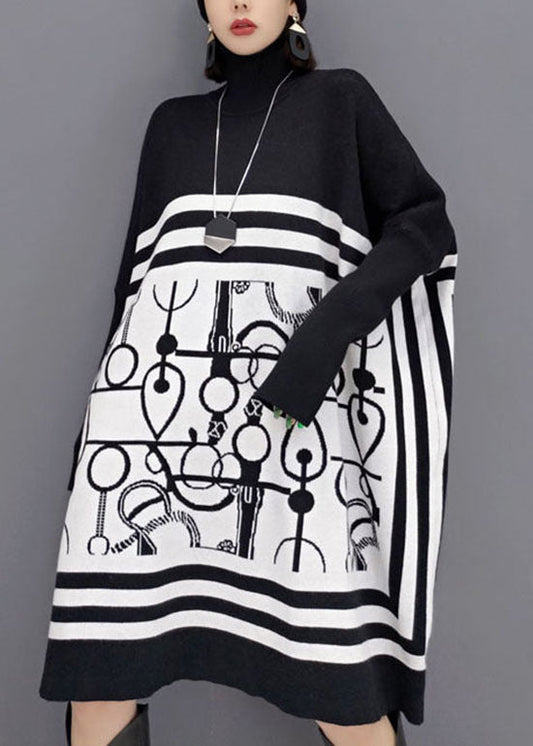 DIY風 ホワイト タートルネック プリント柄 ニットロングワンピース 春