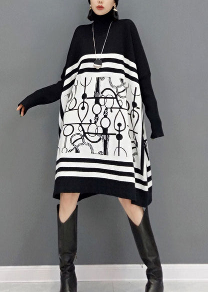 DIY風 ホワイト タートルネック プリント柄 ニットロングワンピース 春