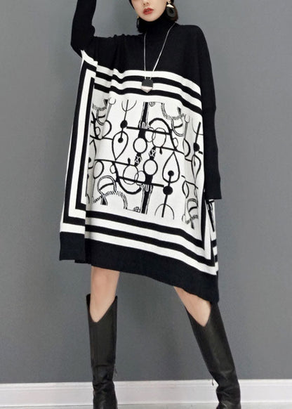 DIY風 ホワイト タートルネック プリント柄 ニットロングワンピース 春