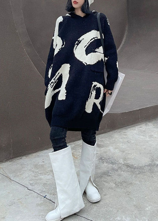 エレガント ブラック フード付き プリント柄 ニットセーターワンピース 春