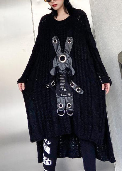 通勤用 ブラック セーターワンピース（ニットワンピ） モーダ風 透かし編み デイリー ロー＆ハイ丈デザイン