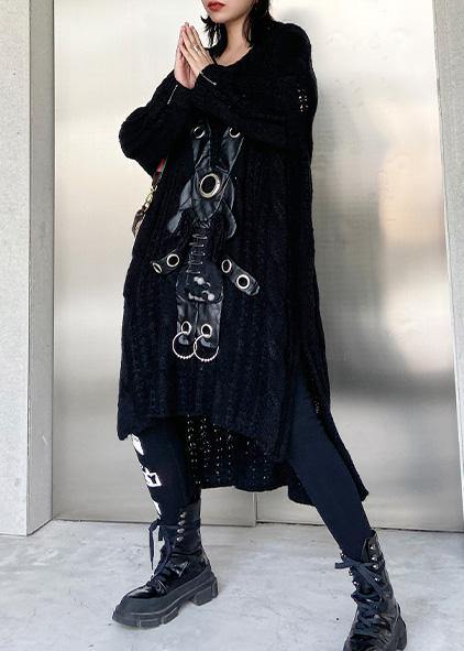 通勤用 ブラック セーターワンピース（ニットワンピ） モーダ風 透かし編み デイリー ロー＆ハイ丈デザイン