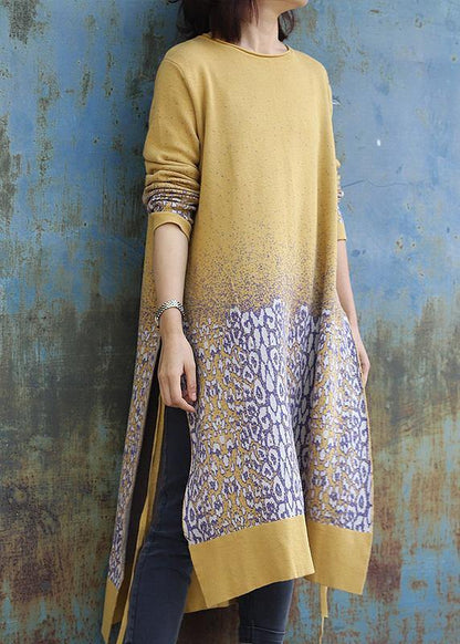 レディース 仕事用 サイドオープン（スリット） ニットワンピース Oネック 上品 イエロー ジャカード ヒップスター風 セーターワンピース