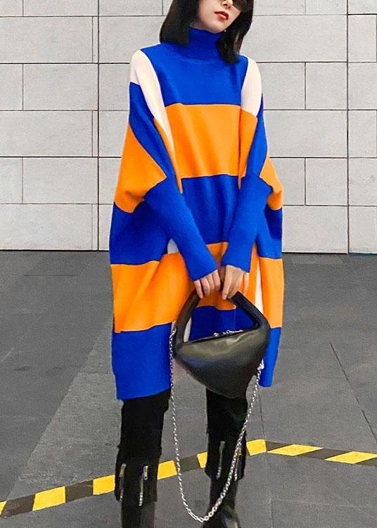 フレンチブルー タートルネック パッチワーク 秋 ストライプ ニットワンピース