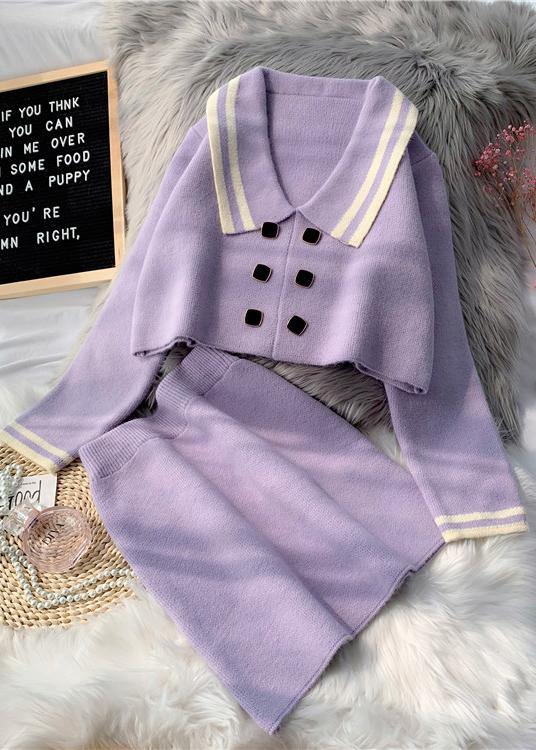 フレンチピンク ニットスーツ レディース 新作 ショート丈 セーター プルオーバー スカート 2点セット