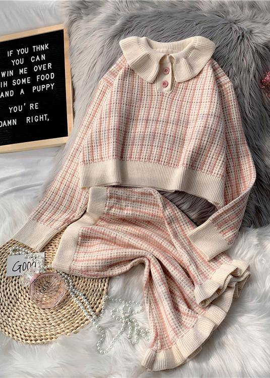 韓国風 ショート丈 ライトパープル ニットセットアップ ゆったりスカート 2点セット