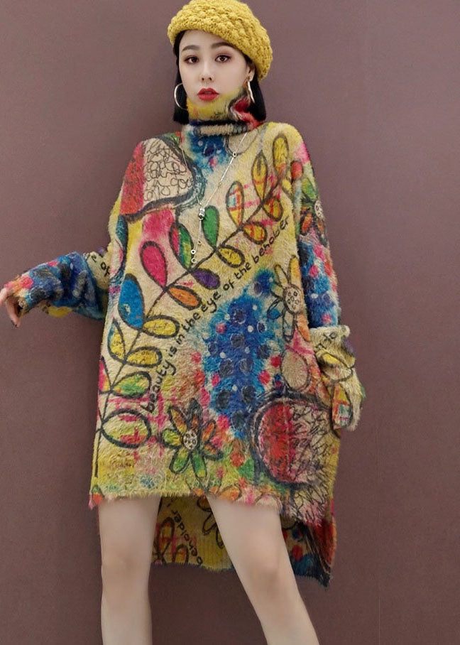 リーフ柄 ゆったり ニットワンピース サイドスリット 春