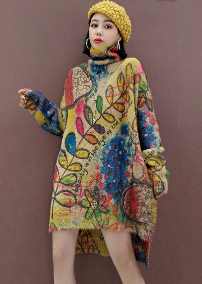 リーフ柄 ゆったり ニットワンピース サイドスリット 春