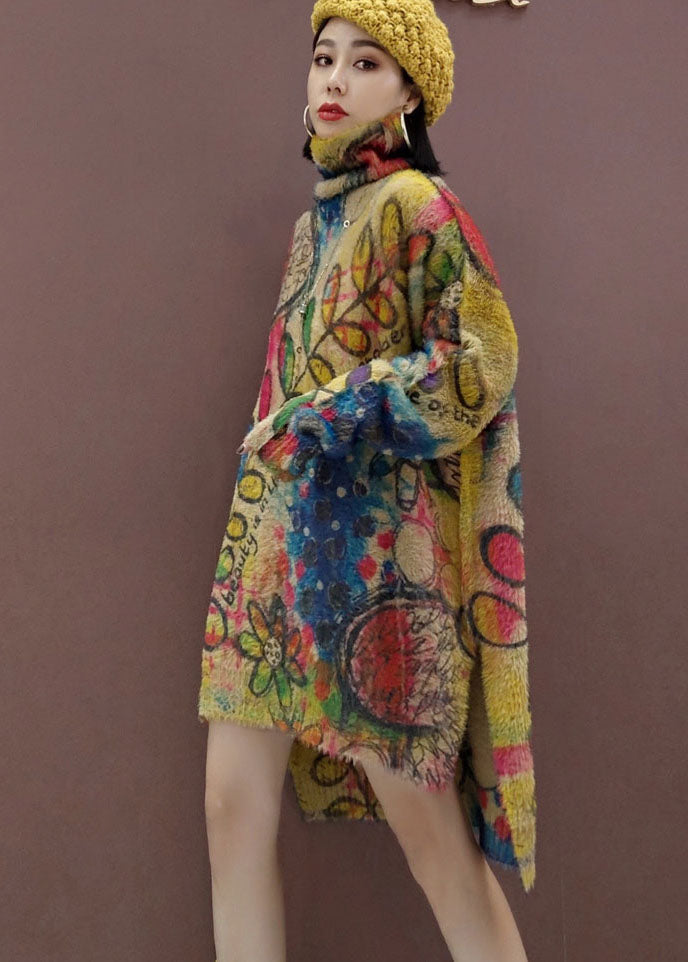 リーフ柄 ゆったり ニットワンピース サイドスリット 春