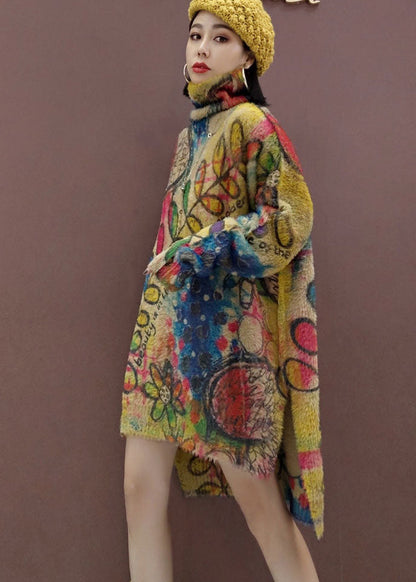 リーフ柄 ゆったり ニットワンピース サイドスリット 春