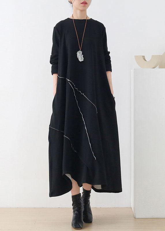 ナチュラル ブラック Oネック パッチワーク 秋 ニットワンピース 長袖