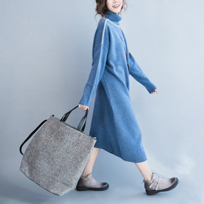 新作 ライトブルー ロング ニットワンピース 大きいサイズ パッチワーク 冬 ハイネック プルオーバー