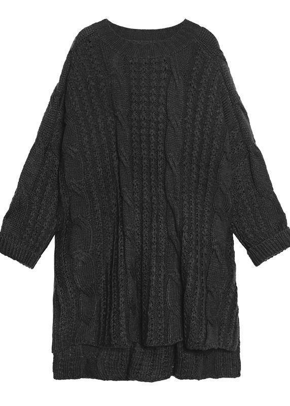 オーバーサイズ グリーン セーターワンピース ストリート系 Oネック 前後差（ロー＆ハイ）デザイン アートニットワンピース