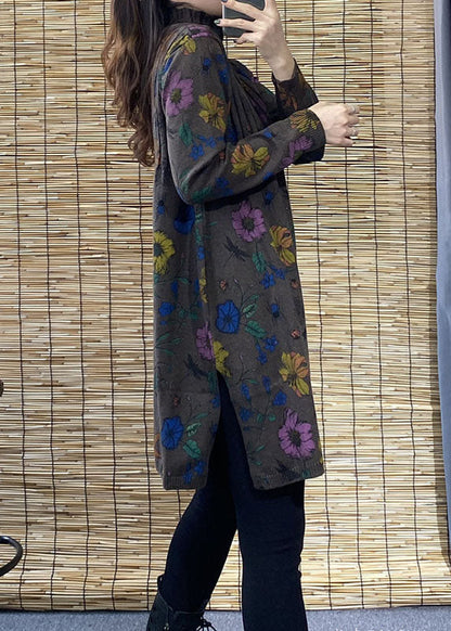 大きいサイズ チョコレートカラー タートルネック プリント サイドスリット 秋 フローラル ニットセーター