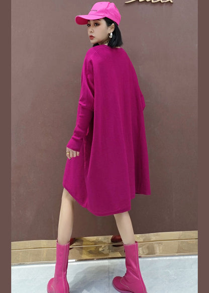 プラスサイズ ローズカラー Vネック 無地 ニットワンピース 春