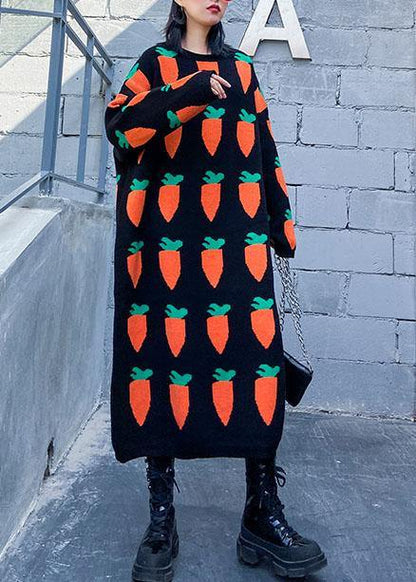 ブラックプリント プルオーバー ニットワンピース リファッション風 Oネック バギーシルエット 編みニットドレス