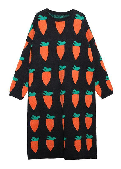 ブラックプリント プルオーバー ニットワンピース リファッション風 Oネック バギーシルエット 編みニットドレス