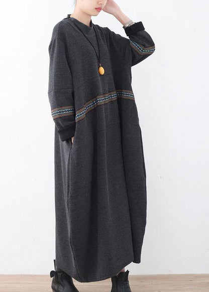 シンプル ブラック パッチワークプリント ゆったり 秋ワンピース