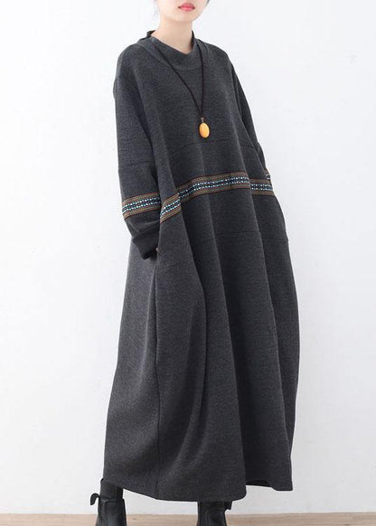 シンプル ブラック パッチワークプリント ゆったり 秋ワンピース