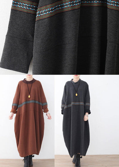 シンプル ブラック パッチワークプリント ゆったり 秋ワンピース