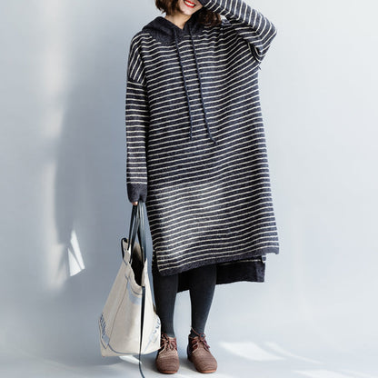 ヴィンテージ ニットトップス モーダ風 フード付き グレー ボーダー レディース ニットワンピース