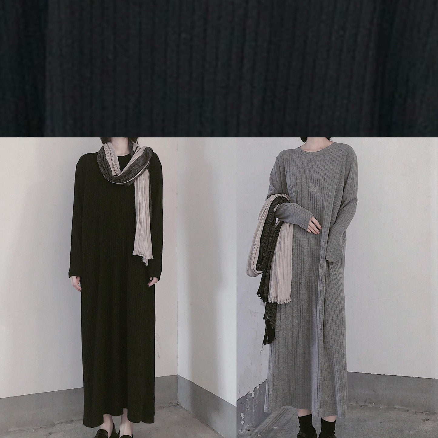 レディース 冬用 グレー ニットワンピース リメイク風 Oネック 長袖 アートデザイン ニットドレス