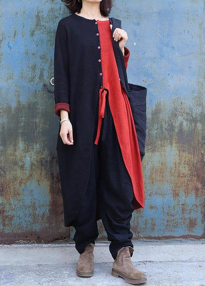 ウィンター アシンメトリー ニットスウェットトップス プラスサイズ対応 レッド×ブラック パッチワーク ニットアウター