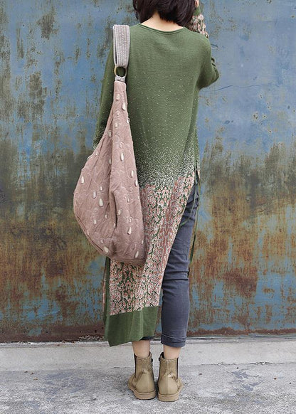 ウィンター グリーン ニットワンピース ヴィンテージ風 サイドオープン ロング丈 Oネック セータードレス