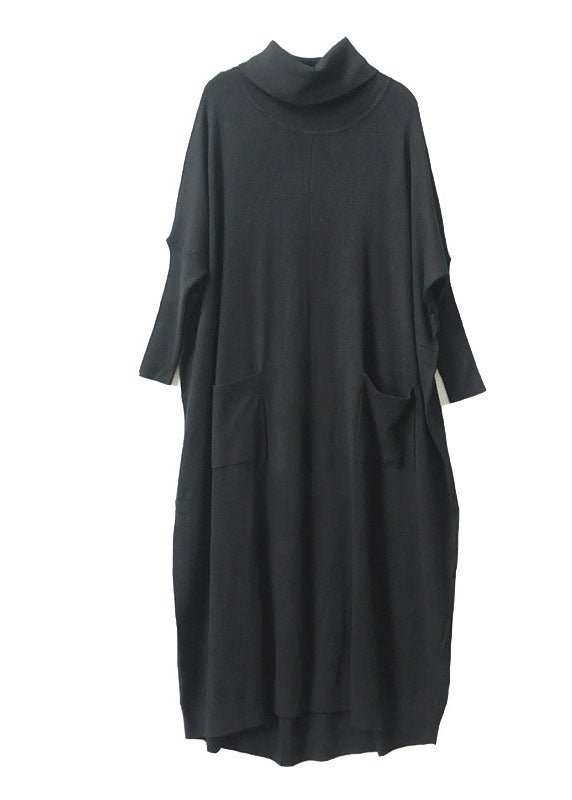 レディース ブラック タートルネック ポケット付き 秋 ニットワンピース