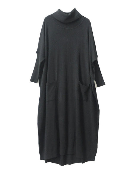 レディース ブラック タートルネック ポケット付き 秋 ニットワンピース