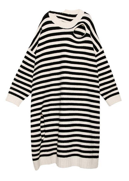 レディース ベージュ ボーダー柄 セーターワンピース デザイン Oネック 穴あき（ダメージ／透かし）DIY風 ニットワンピ